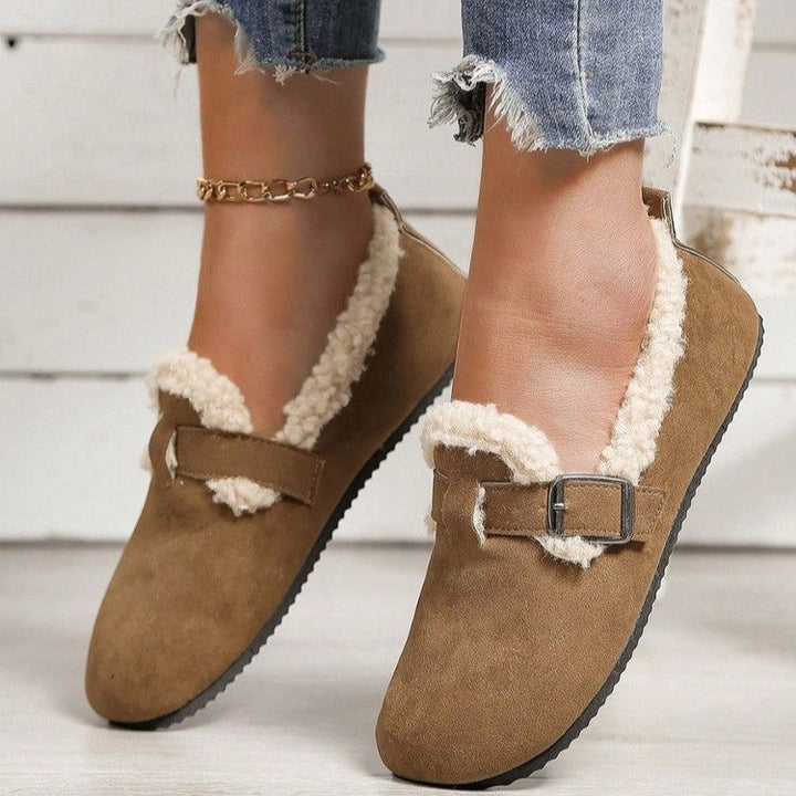 Christine | Elegant Fleece-Lined Teddy Collar Slippers with Buckle Strap