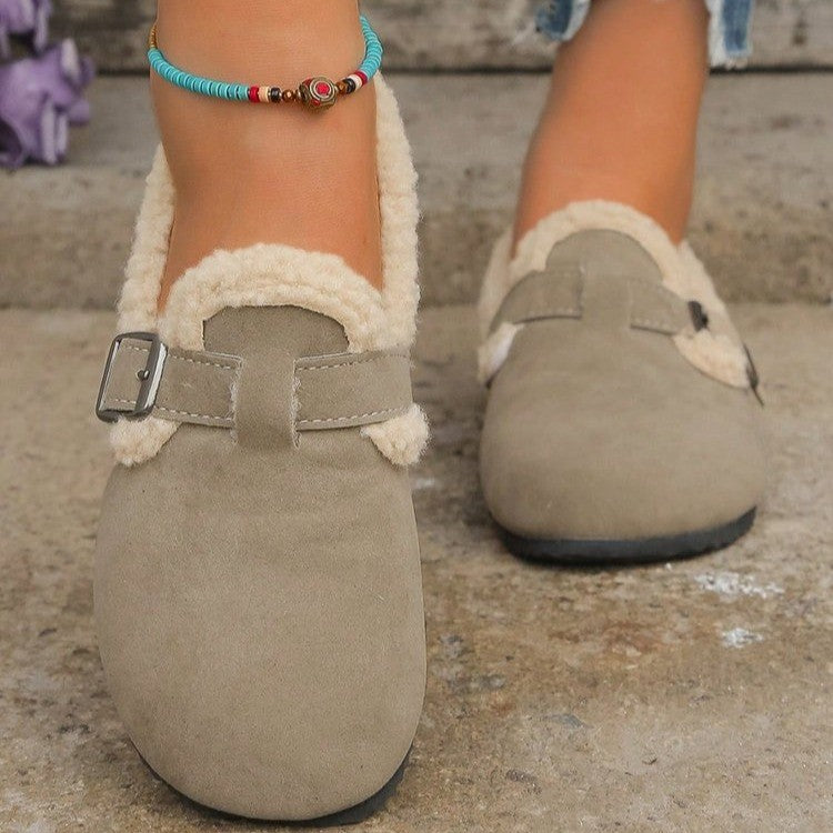Christine | Elegant Fleece-Lined Teddy Collar Slippers with Buckle Strap