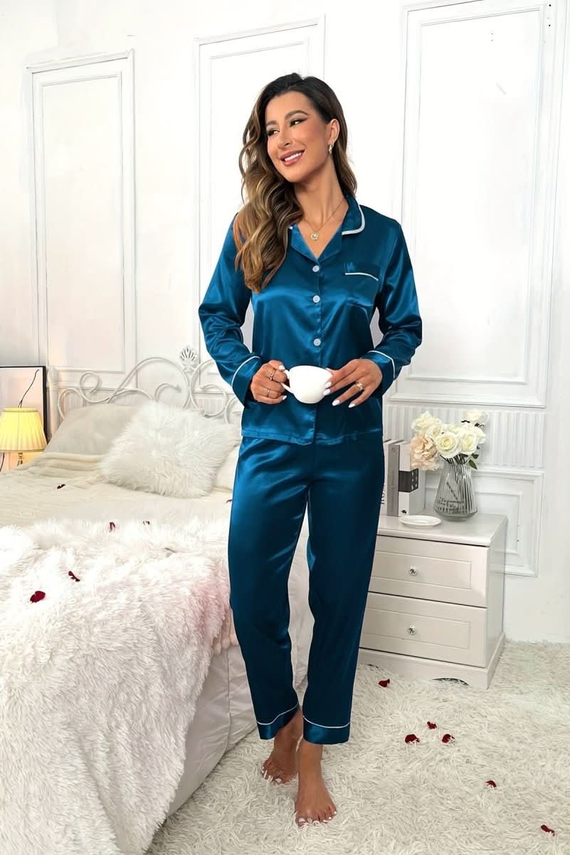 Christine | Timeless Satin Pajama Set with Contrast Piping