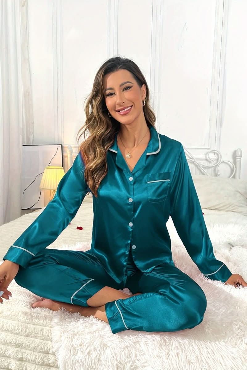 Christine | Timeless Satin Pajama Set with Contrast Piping