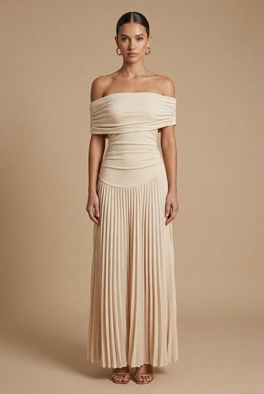 Cynthia | Graceful Pleated Off Shoulder Maxi Holiday Dress