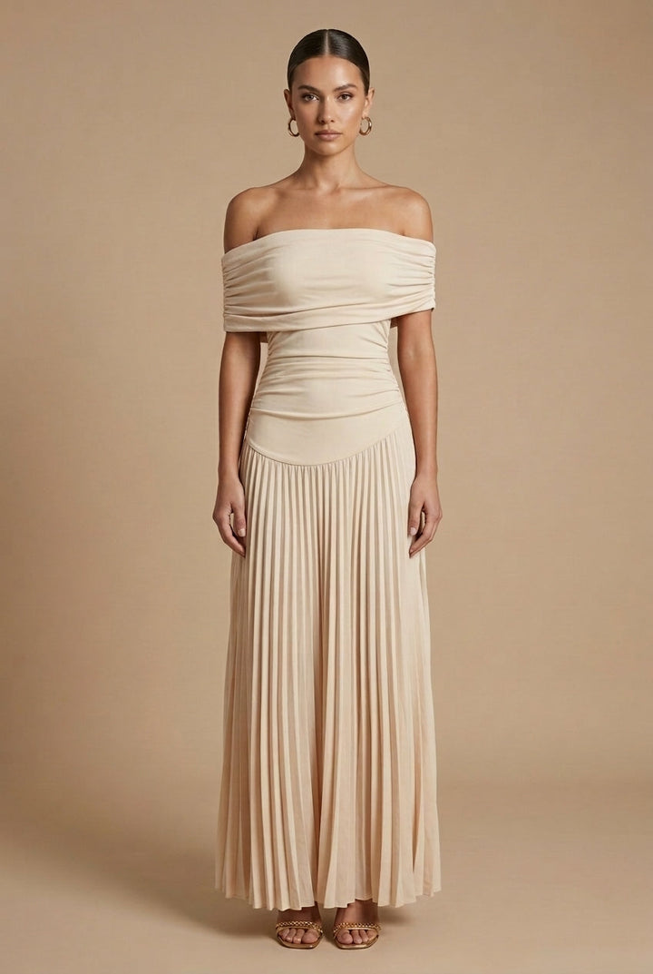 Cynthia | Graceful Pleated Off Shoulder Maxi Holiday Dress