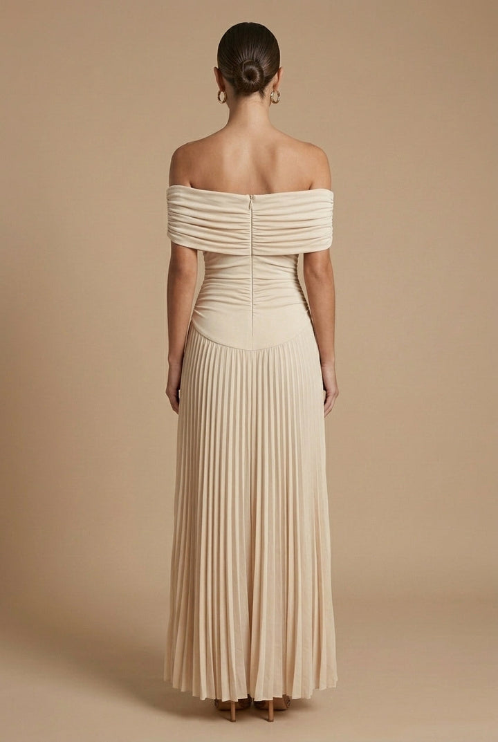 Cynthia | Graceful Pleated Off Shoulder Maxi Holiday Dress