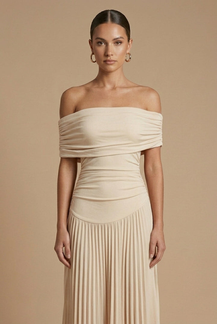 Cynthia | Graceful Pleated Off Shoulder Maxi Holiday Dress