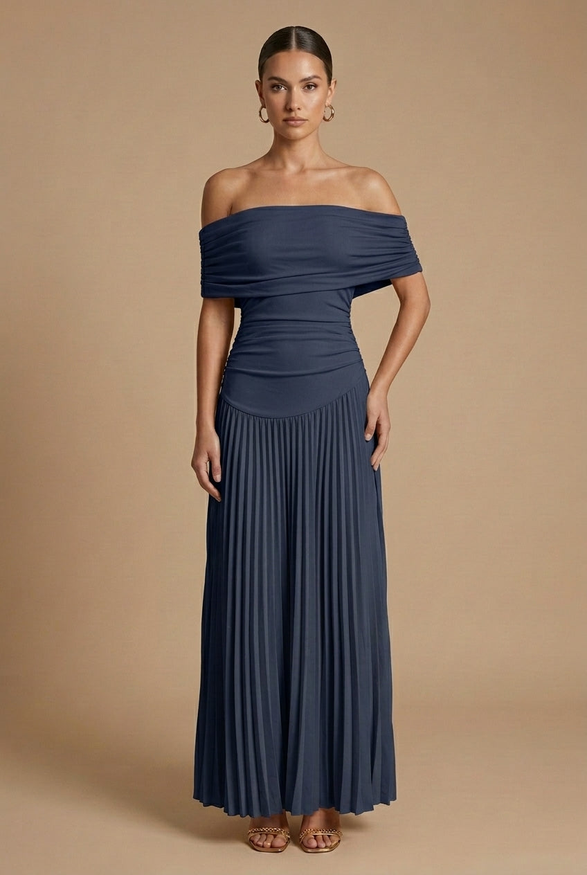 Cynthia | Graceful Pleated Off Shoulder Maxi Holiday Dress