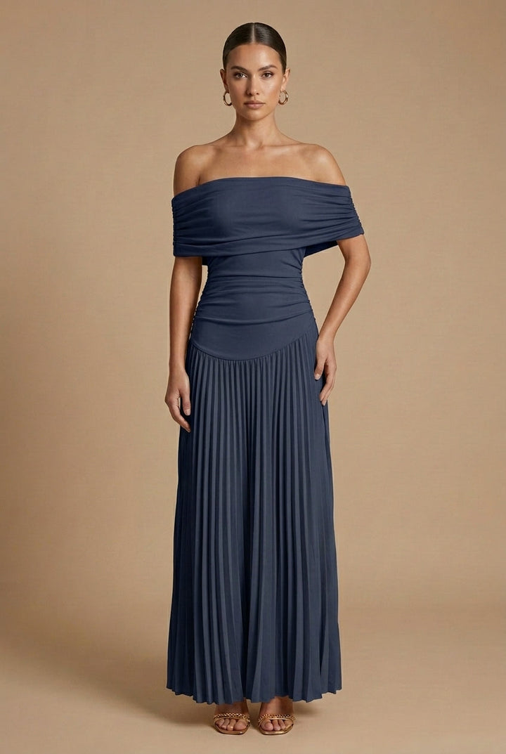 Cynthia | Graceful Pleated Off Shoulder Maxi Holiday Dress