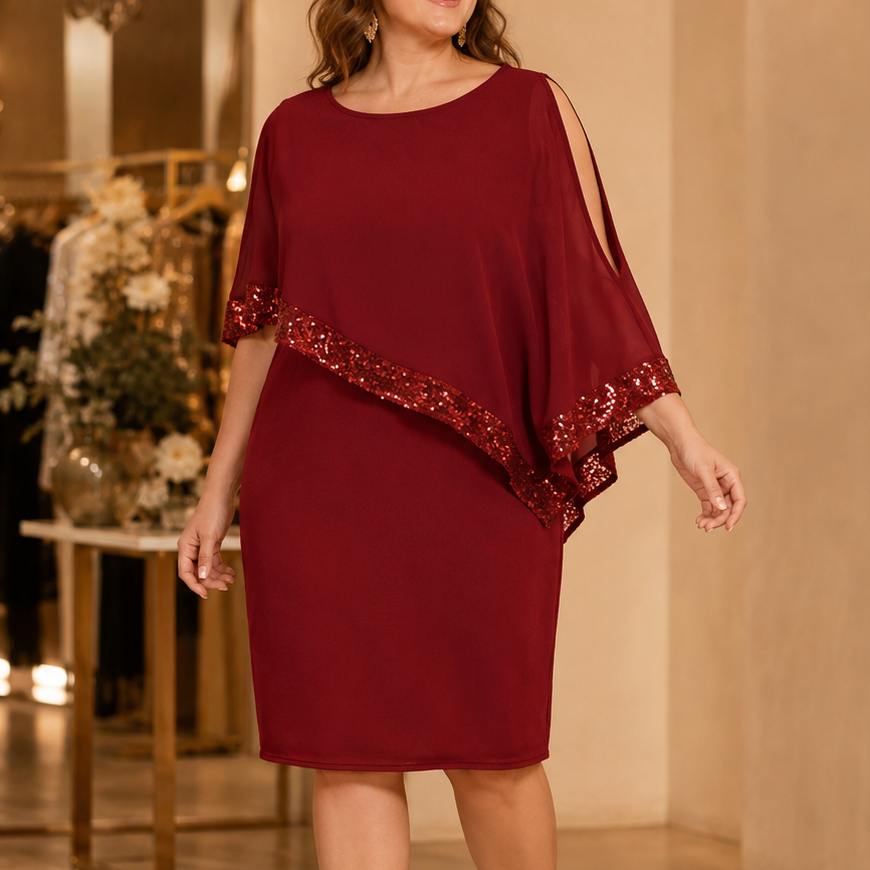 Cynthia | Sophisticated Sequin Trim Cape Christmas Dress