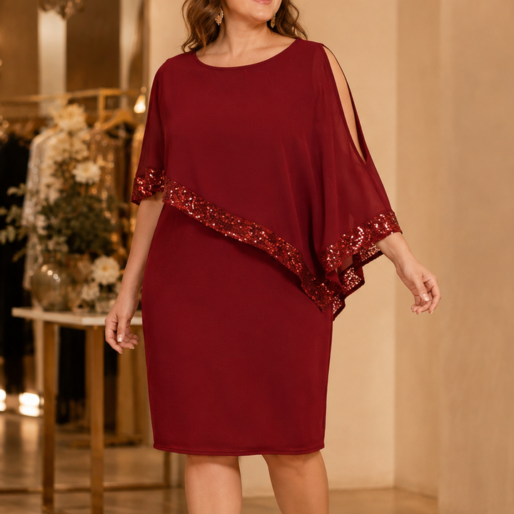 Cynthia | Sophisticated Sequin Trim Cape Christmas Dress