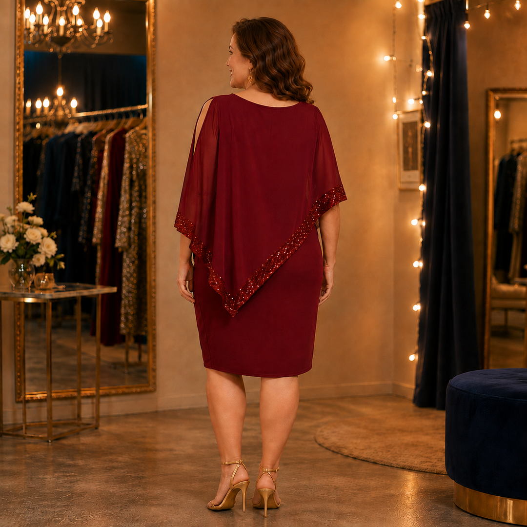 Cynthia | Sophisticated Sequin Trim Cape Christmas Dress