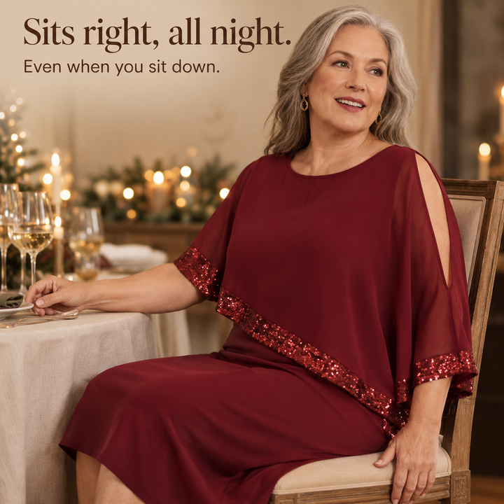 Cynthia | Sophisticated Sequin Trim Cape Christmas Dress