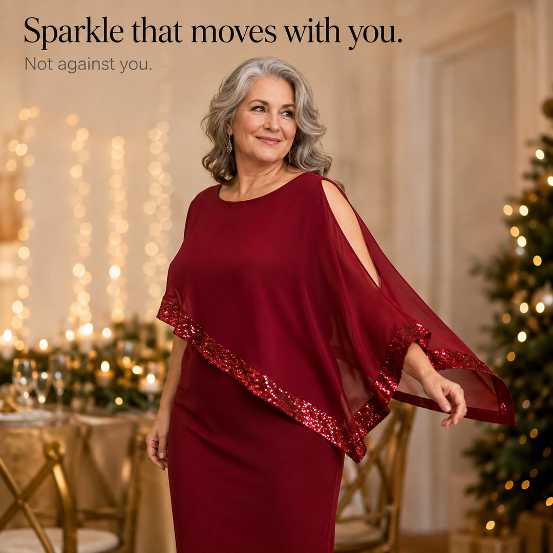 Cynthia | Sophisticated Sequin Trim Cape Christmas Dress