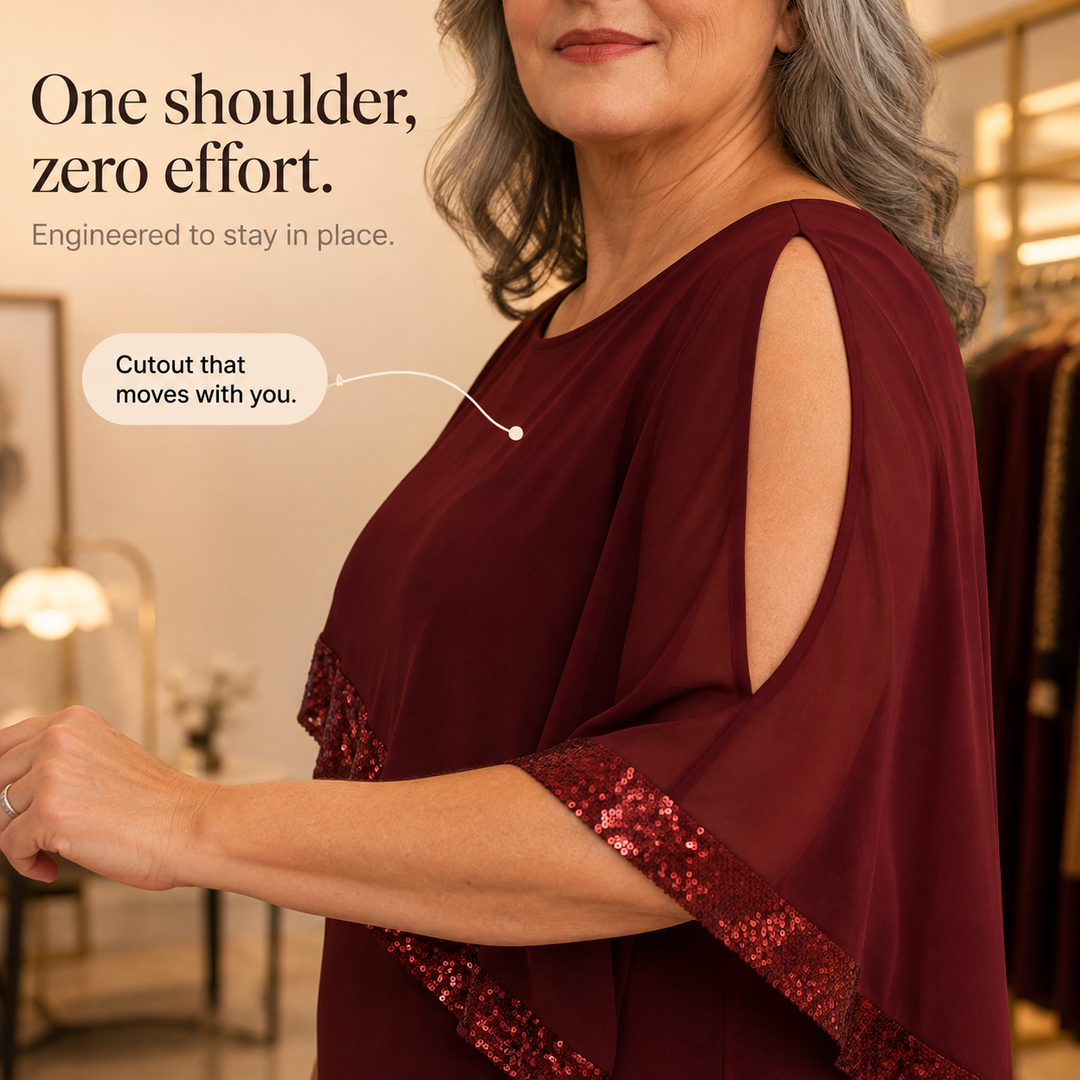 Cynthia | Sophisticated Sequin Trim Cape Christmas Dress