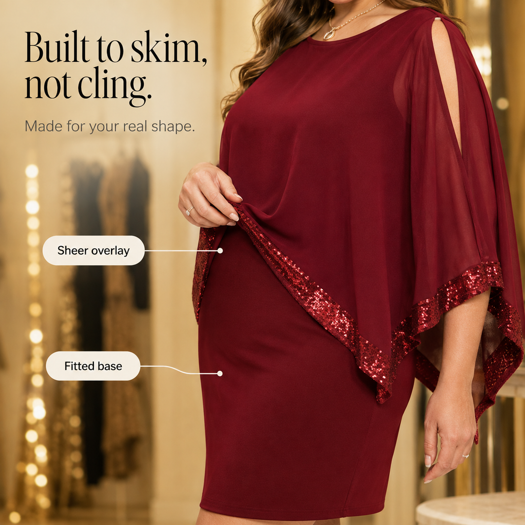 Cynthia | Sophisticated Sequin Trim Cape Christmas Dress