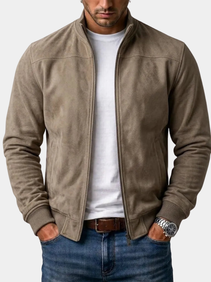 David | Stand Collar Zip-Up Bomber Leather Jacket