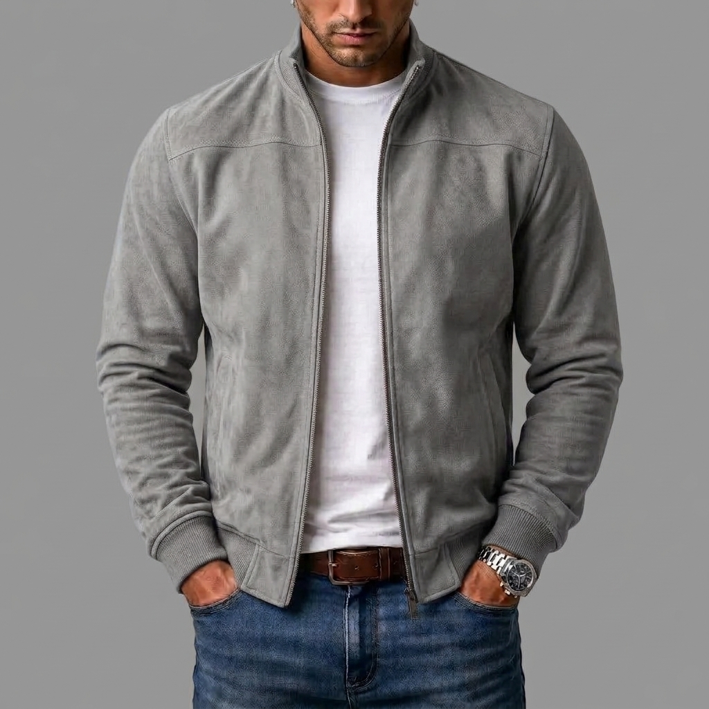 David | Stand Collar Zip-Up Bomber Leather Jacket