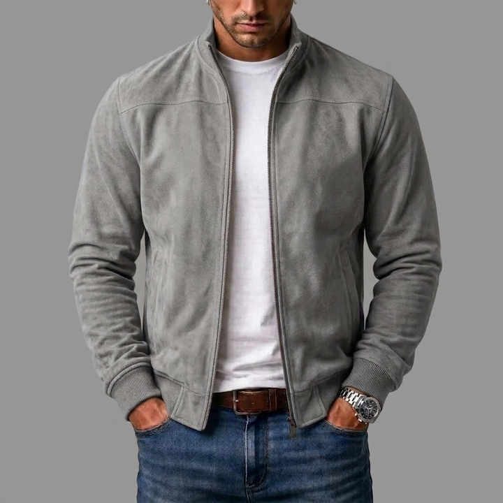 David | Stand Collar Zip-Up Bomber Leather Jacket