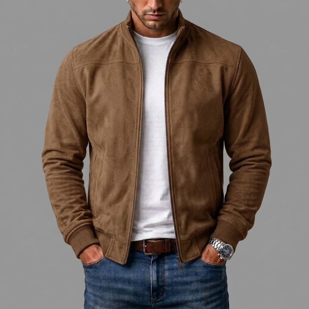 David | Stand Collar Zip-Up Bomber Leather Jacket