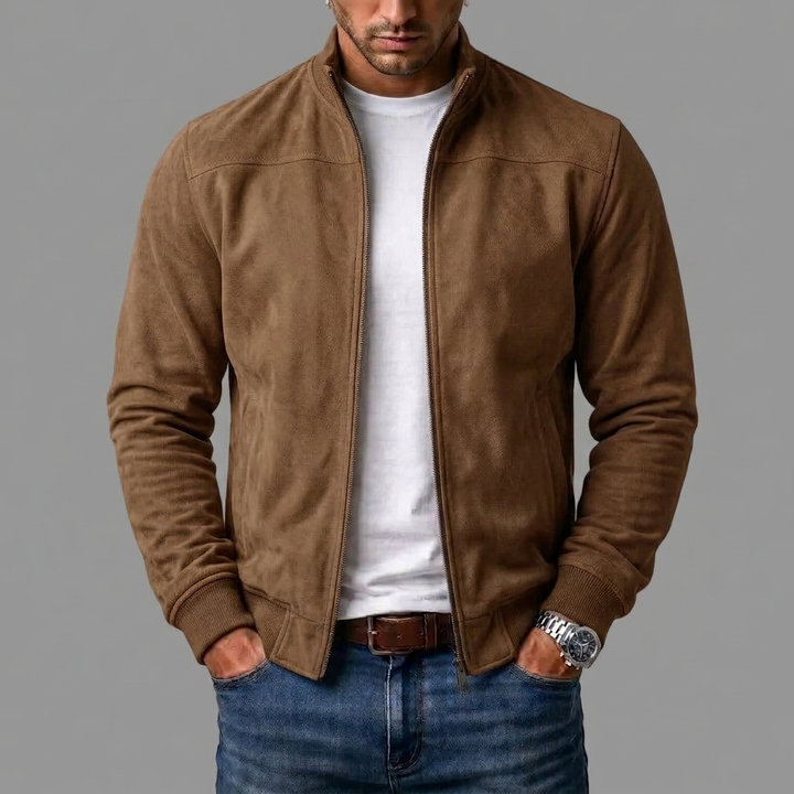 David | Stand Collar Zip-Up Bomber Leather Jacket
