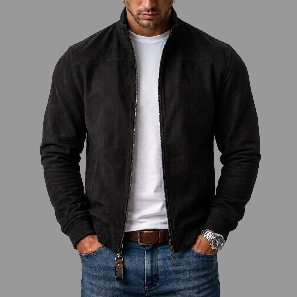 David | Stand Collar Zip-Up Bomber Leather Jacket
