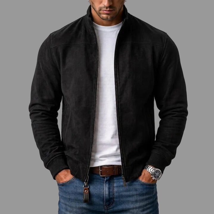 David | Stand Collar Zip-Up Bomber Leather Jacket