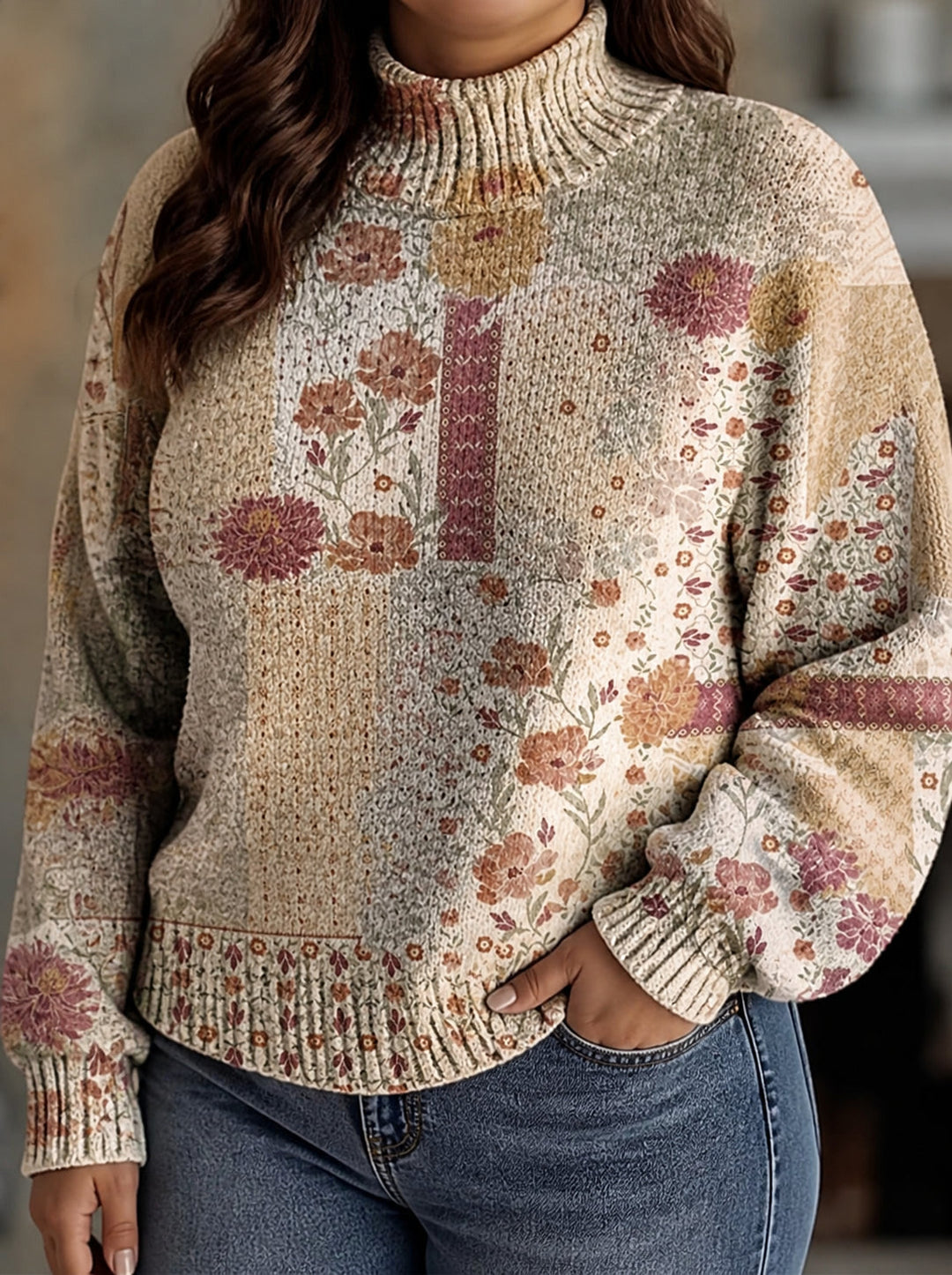 Debra | Classic Floral Patchwork Balloon Sleeve Turtleneck Sweater