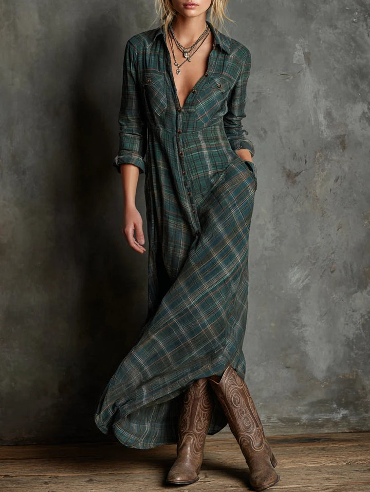 Debra | Refined Plaid Button-Down Maxi Christmas Dress