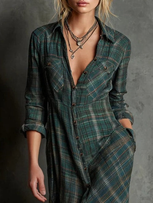 Debra | Refined Plaid Button-Down Maxi Christmas Dress