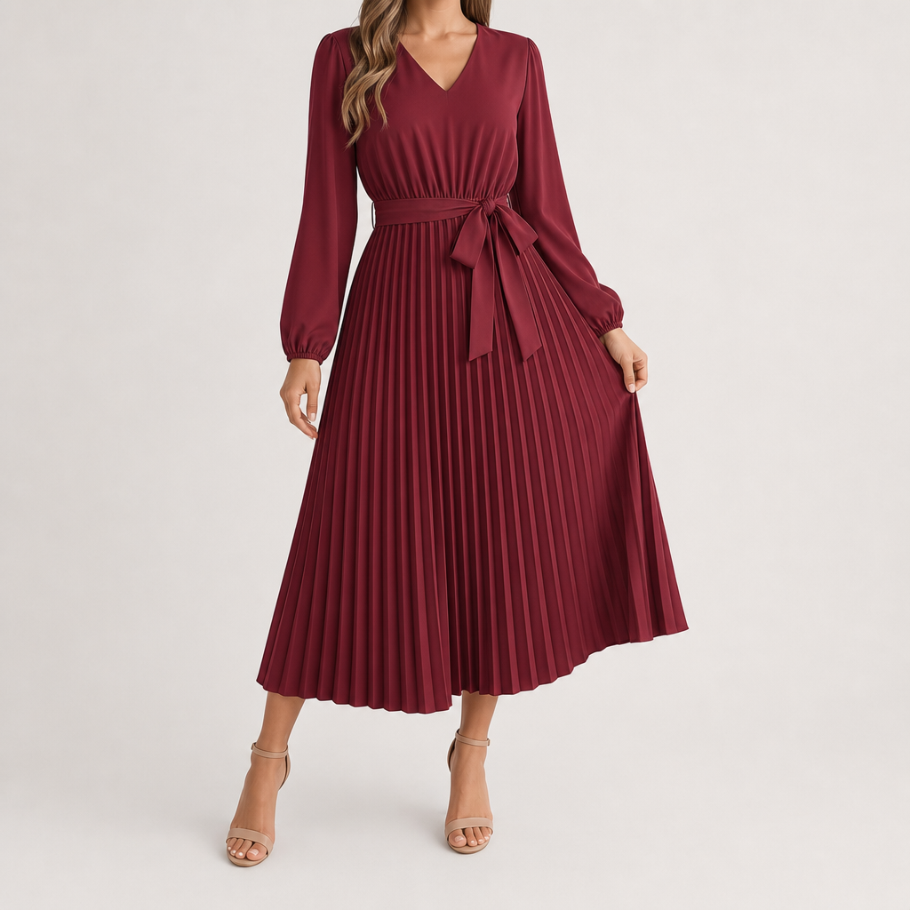 Denise | Effortless Pleated Long Sleeve Midi Christmas Dress