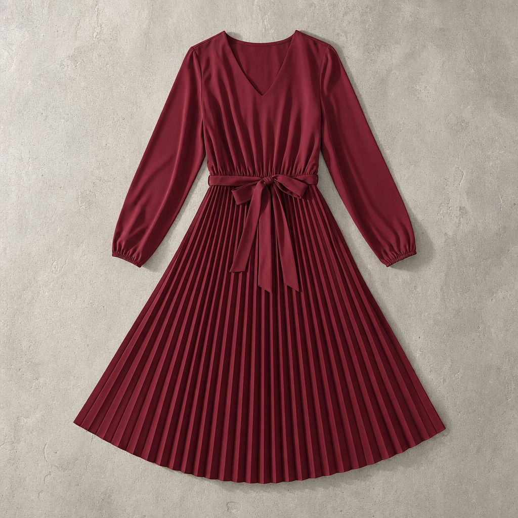 Denise | Effortless Pleated Long Sleeve Midi Christmas Dress