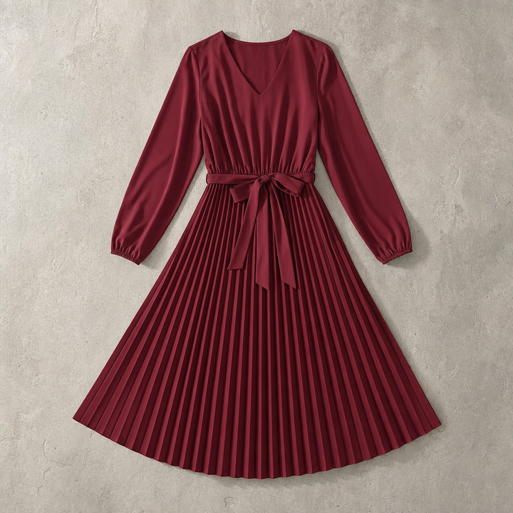 Denise | Effortless Pleated Long Sleeve Midi Christmas Dress