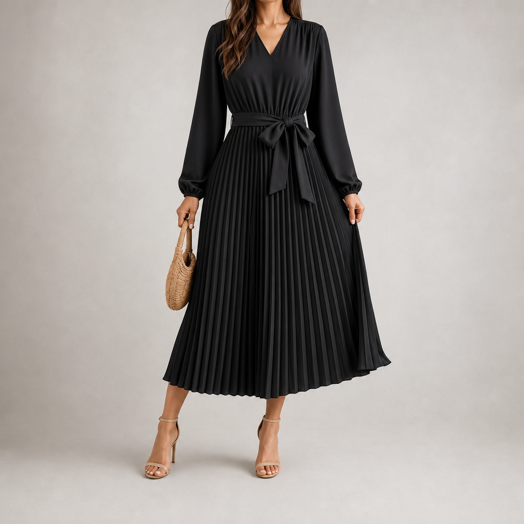 Denise | Effortless Pleated Long Sleeve Midi Christmas Dress