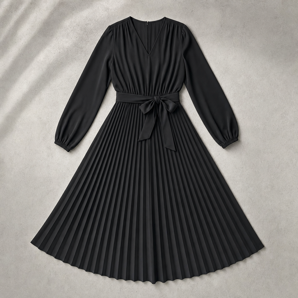 Denise | Effortless Pleated Long Sleeve Midi Christmas Dress