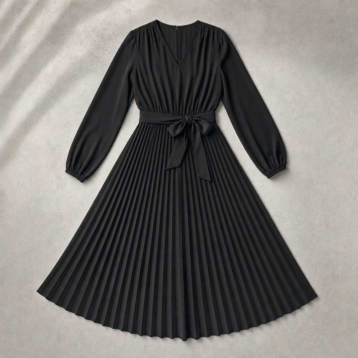 Denise | Effortless Pleated Long Sleeve Midi Christmas Dress