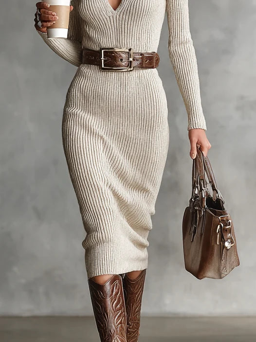 Diane | Elegant Ribbed Belted Long Sleeve Midi Dress