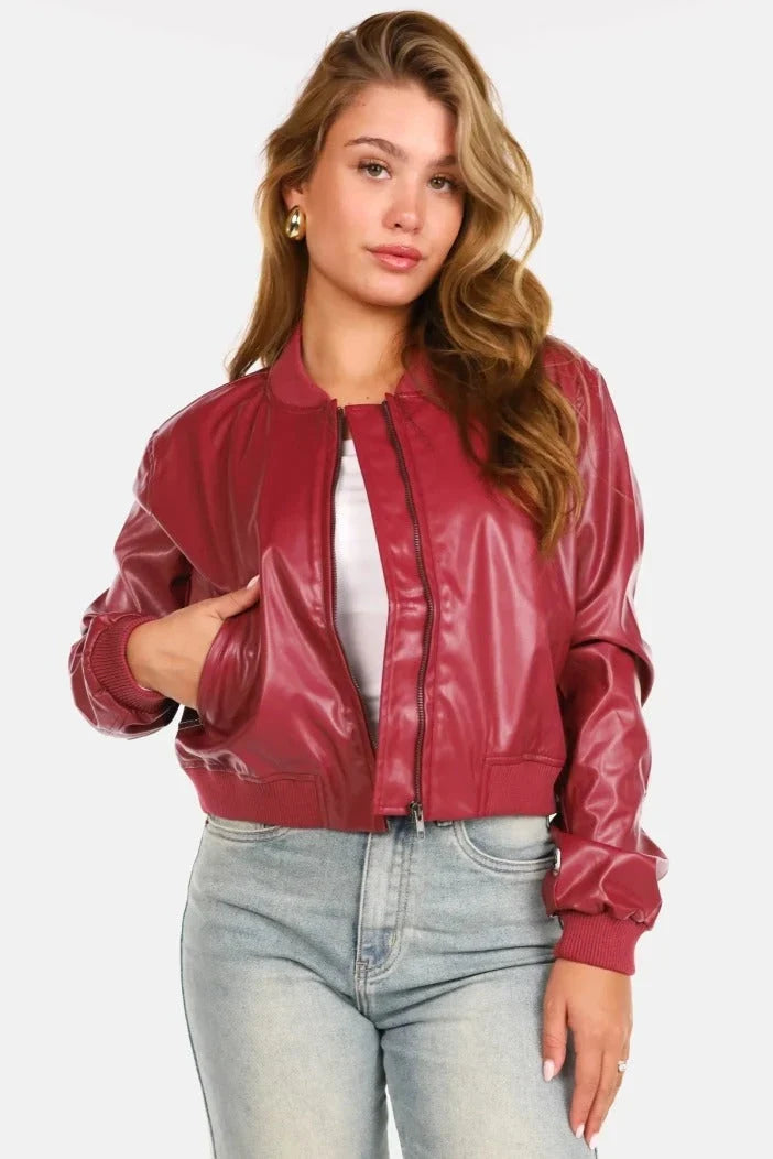 Diane | Stylish Cropped Leather Bomber Jacket with Ribbed Cuffs
