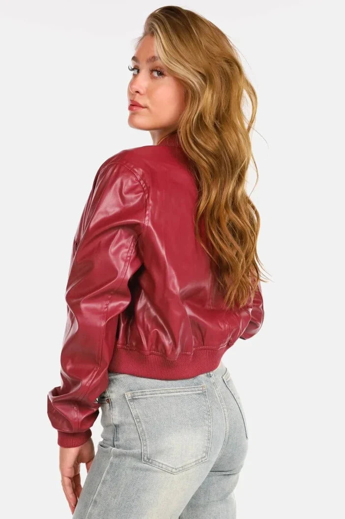 Diane | Stylish Cropped Leather Bomber Jacket with Ribbed Cuffs