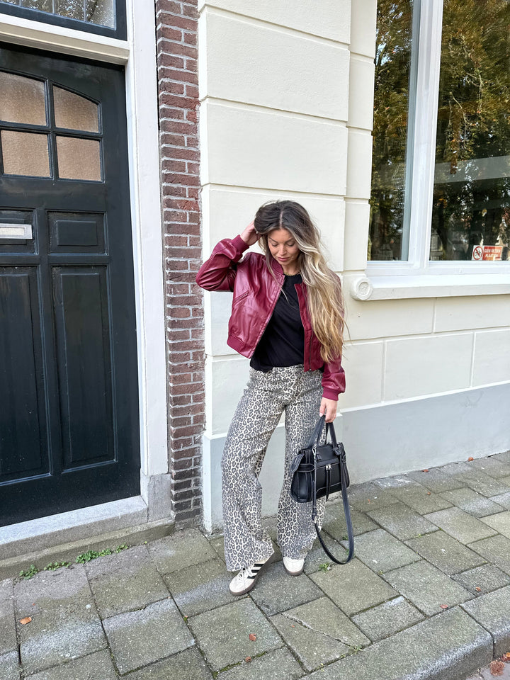 Diane | Stylish Cropped Leather Bomber Jacket with Ribbed Cuffs