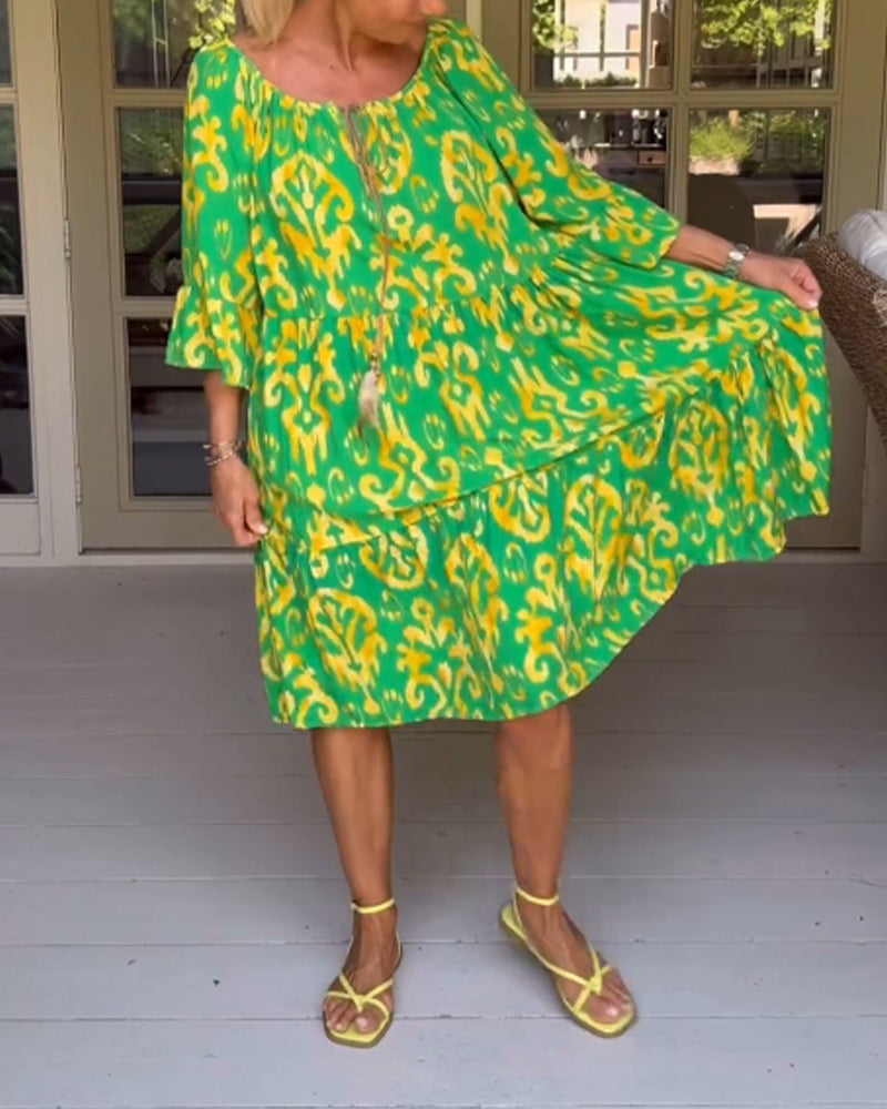 Donna | Graceful Tiered Holiday Dress with Bell Sleeves