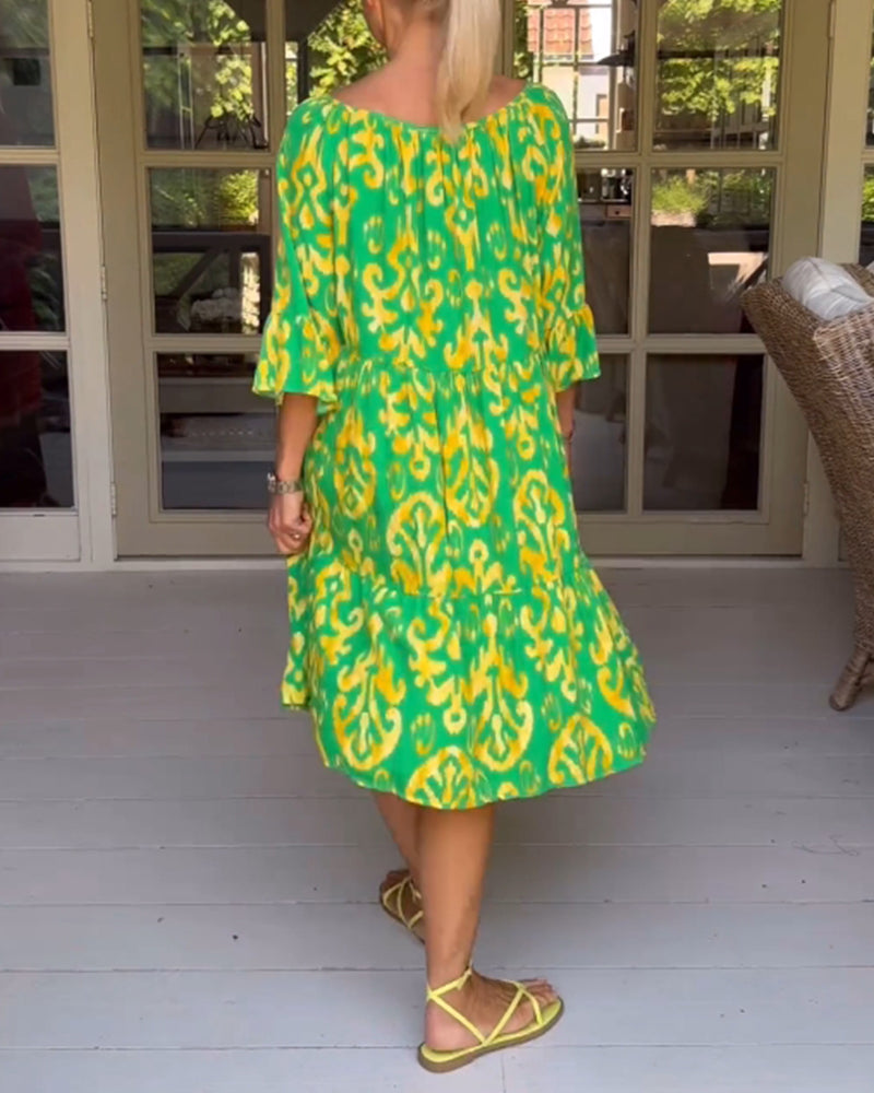 Donna | Graceful Tiered Holiday Dress with Bell Sleeves