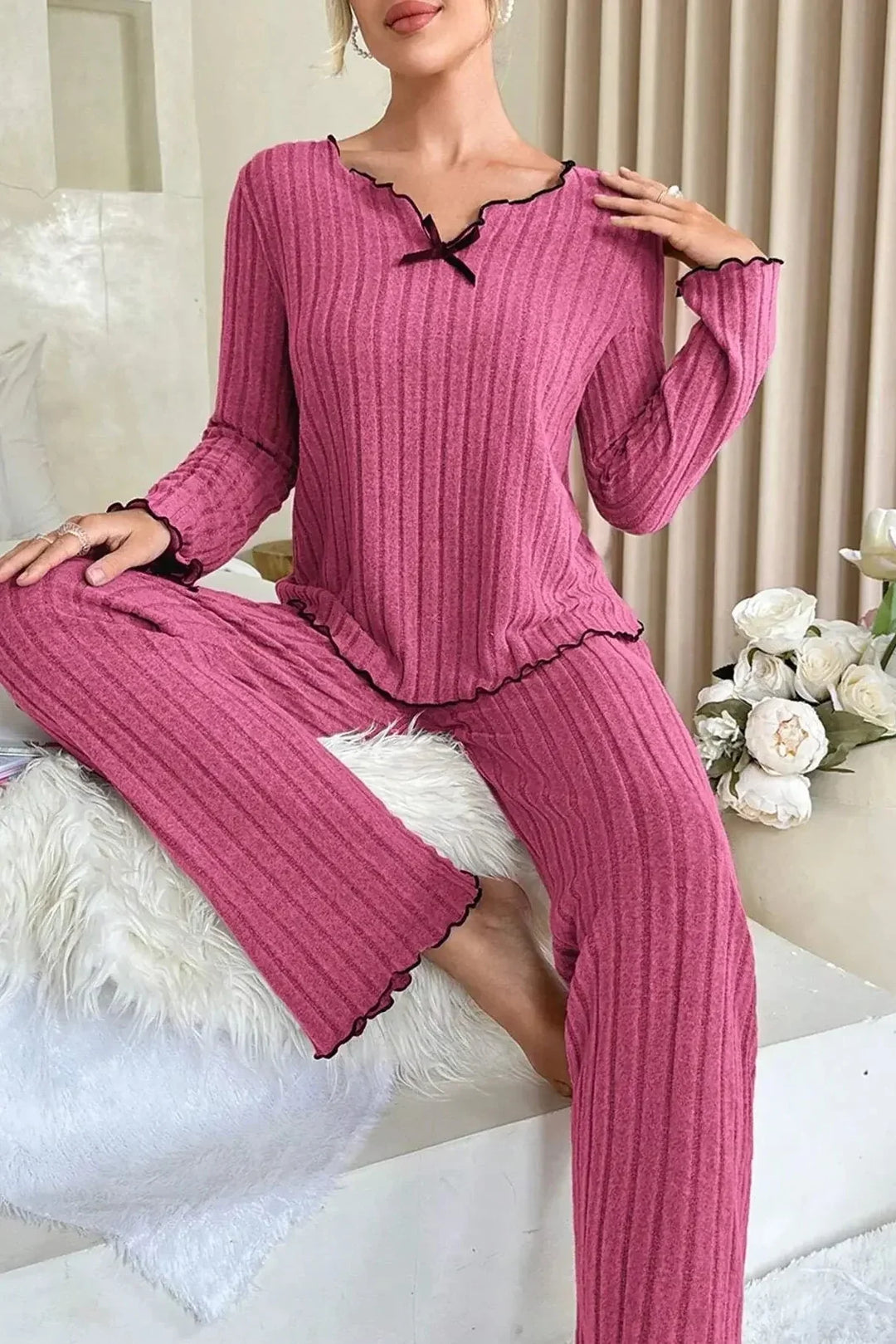 Dorothy | Stylish Ribbed Lettuce Edge Pajamas Set