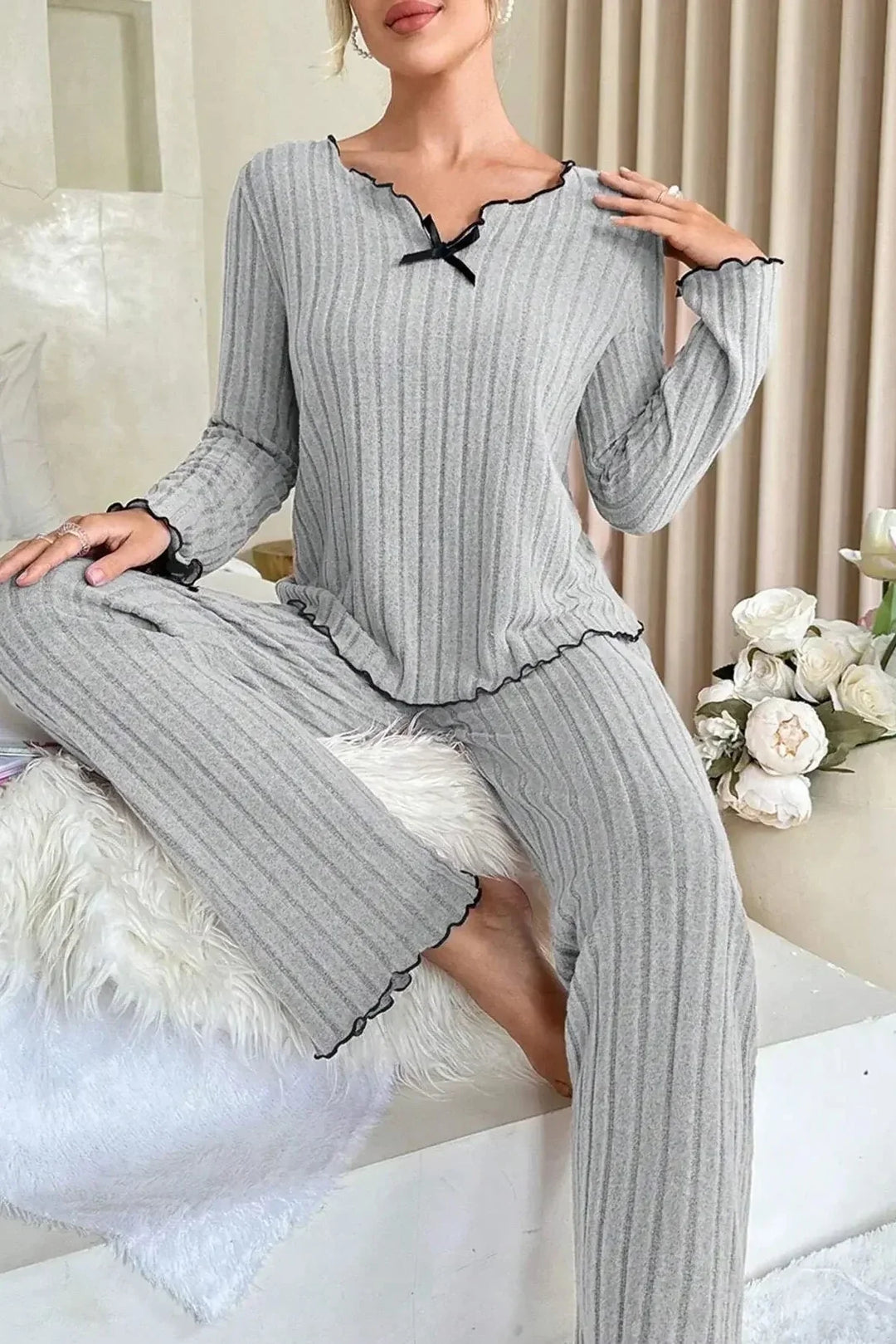 Dorothy | Stylish Ribbed Lettuce Edge Pajamas Set