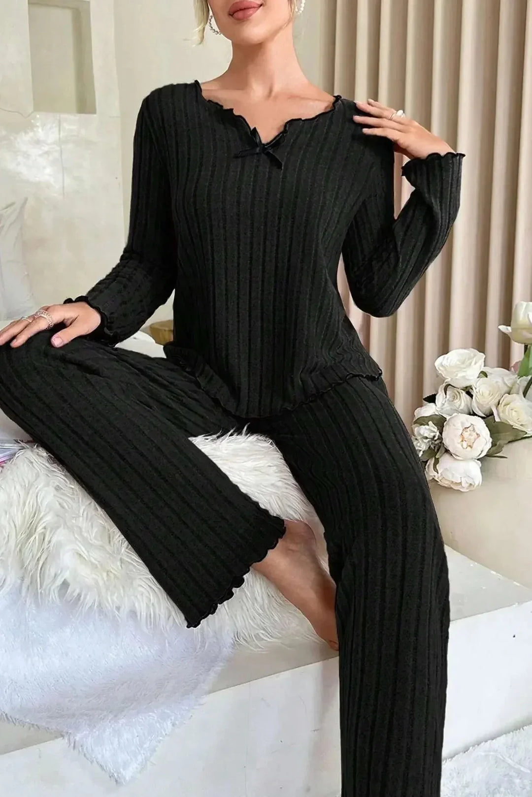 Dorothy | Stylish Ribbed Lettuce Edge Pajamas Set
