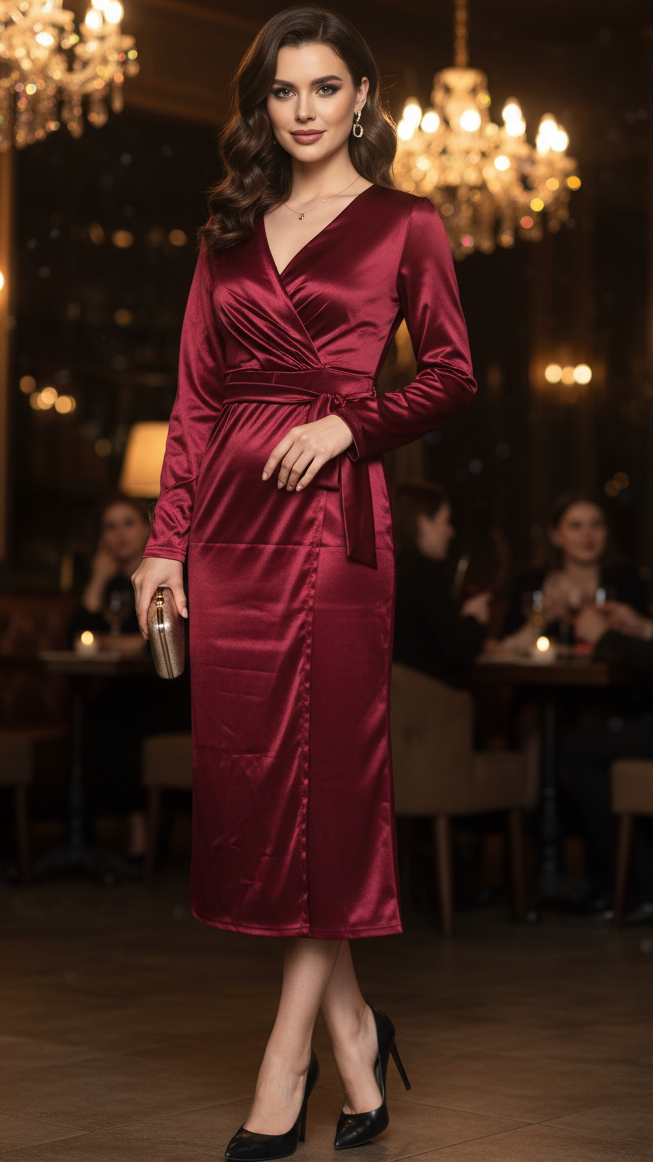 Elizabeth | Timeless Long Sleeve Wrap Midi Christmas Dress