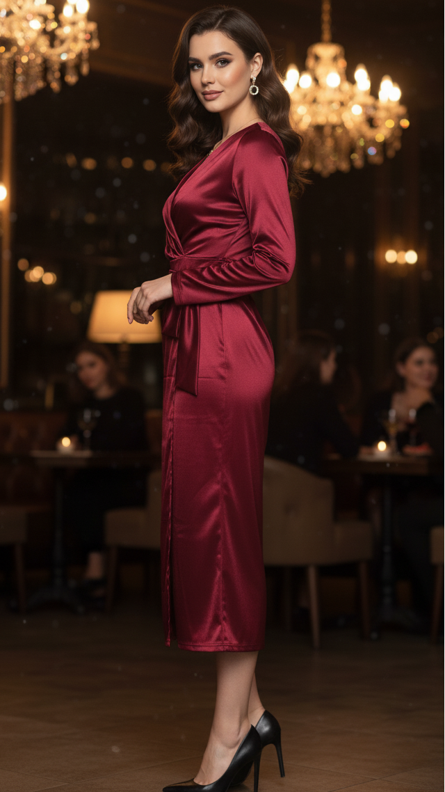Elizabeth | Timeless Long Sleeve Wrap Midi Christmas Dress