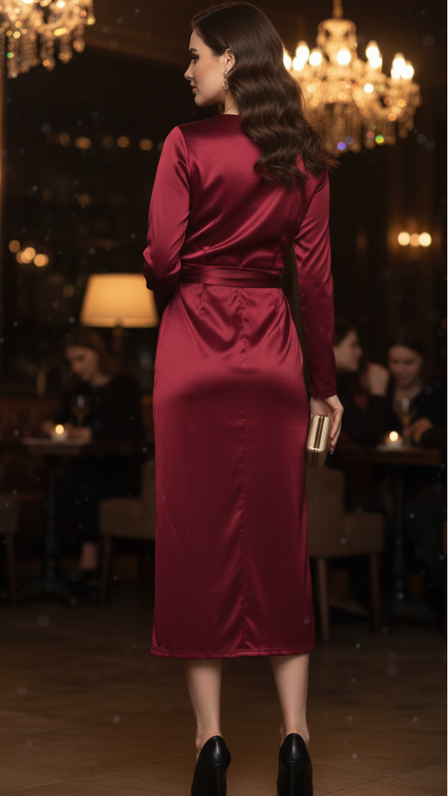 Elizabeth | Timeless Long Sleeve Wrap Midi Christmas Dress