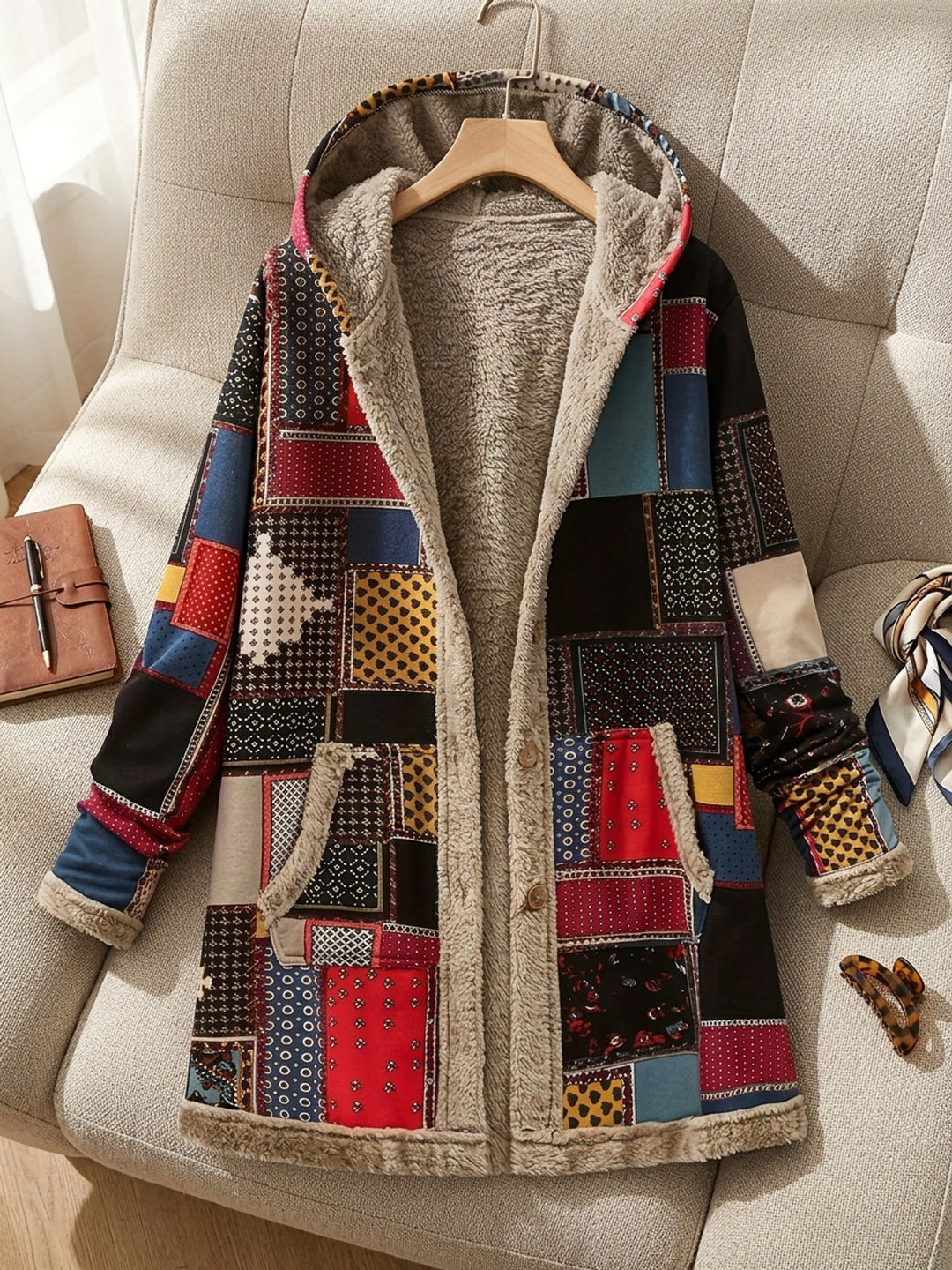 Emily | Boho Hooded Patchwork Sherpa Jacket Women