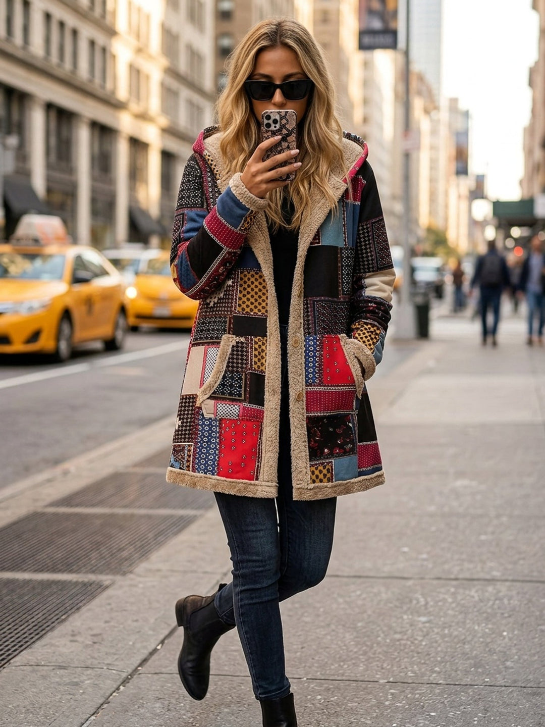 Emily | Boho Hooded Patchwork Sherpa Jacket Women