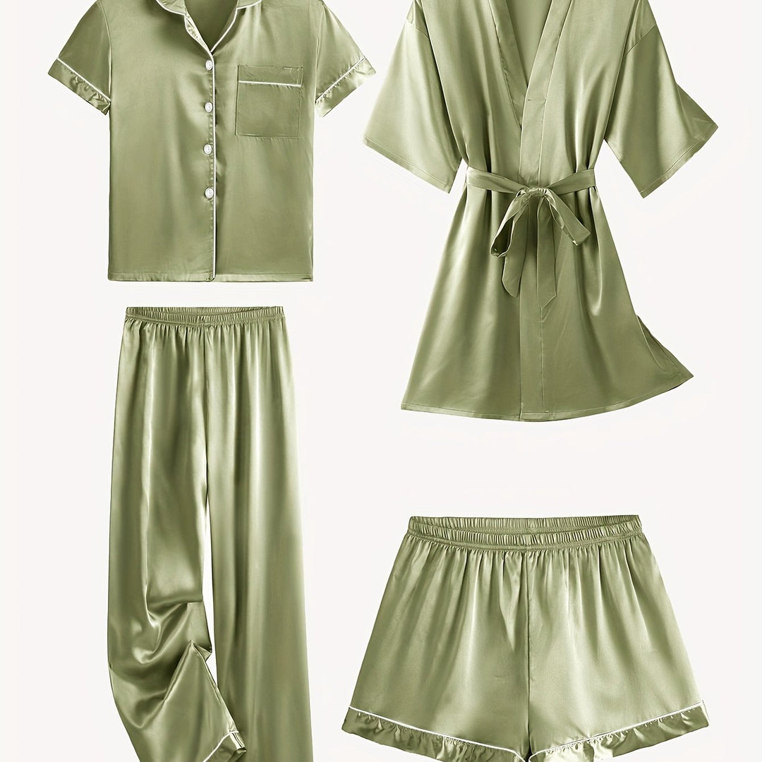 Emma | Cozy 4-Piece Satin Pajama Set with Robe