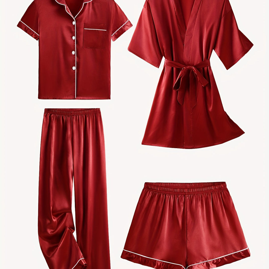 Emma | Cozy 4-Piece Satin Pajama Set with Robe