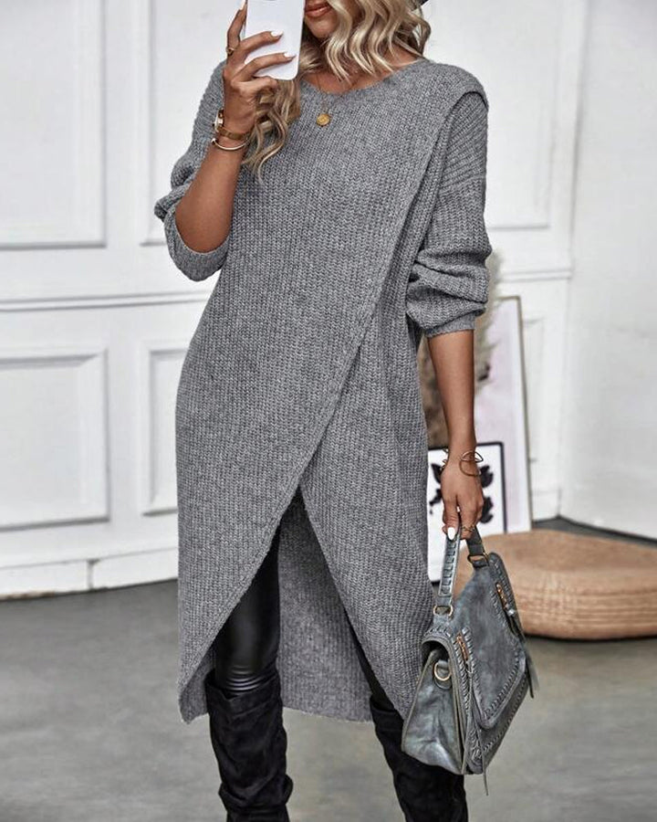 Evelyn | Polished Long Sleeve Midi Dress with Wrap Hem